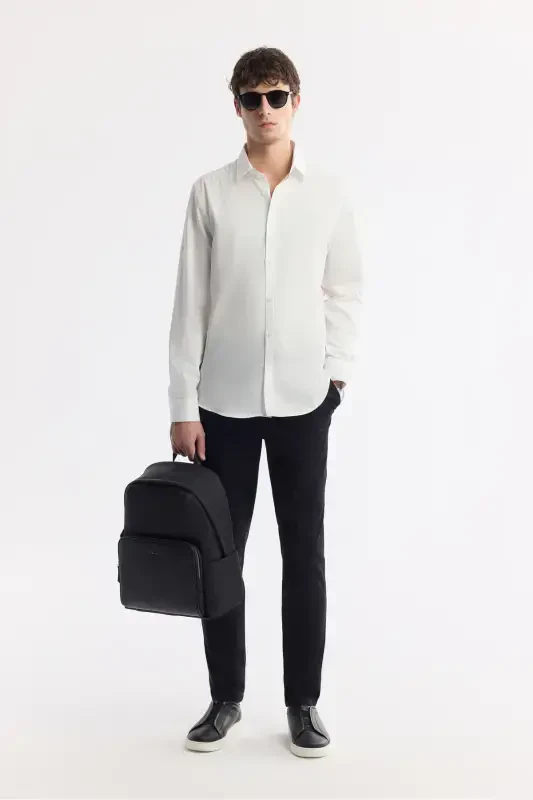 Erkek Beyaz Klasik Yaka %100 Pamuk Saten Kolay Ütülenen Slim Fit Gömlek B002006-Beyaz - 7