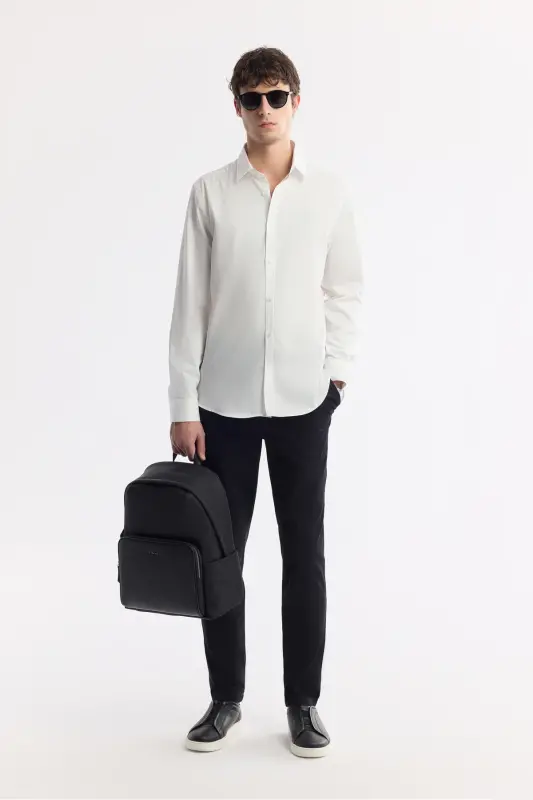 Erkek Beyaz Klasik Yaka %100 Pamuk Saten Kolay Ütülenen Slim Fit Gömlek B002006 - Beyaz - 7