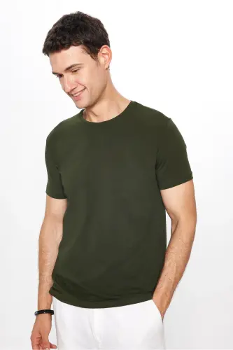 Erkek Slim Fit Dar Kesim Pamuklu Yumuşak Doku Likralı Esnek Kumaş Basic Haki Bisiklet Yaka Tişört-Haki 