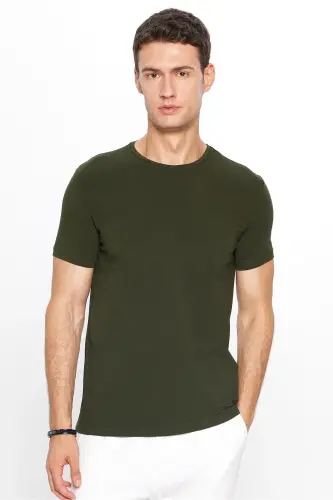 Erkek Slim Fit Dar Kesim Pamuklu Yumuşak Doku Likralı Esnek Kumaş Basic Haki Bisiklet Yaka Tişört-Haki - 3