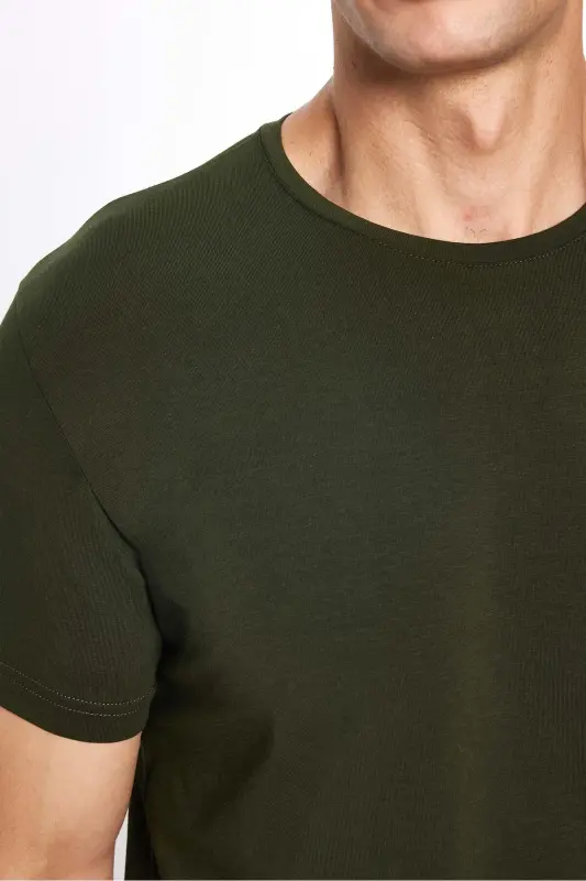 Erkek Slim Fit Dar Kesim Pamuklu Yumuşak Doku Likralı Esnek Kumaş Basic Haki Bisiklet Yaka Tişört-Haki - 4