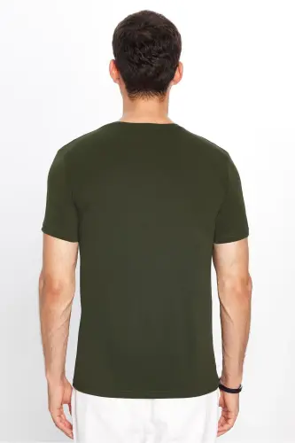 Erkek Slim Fit Dar Kesim Pamuklu Yumuşak Doku Likralı Esnek Kumaş Basic Haki Bisiklet Yaka Tişört-Haki - 5