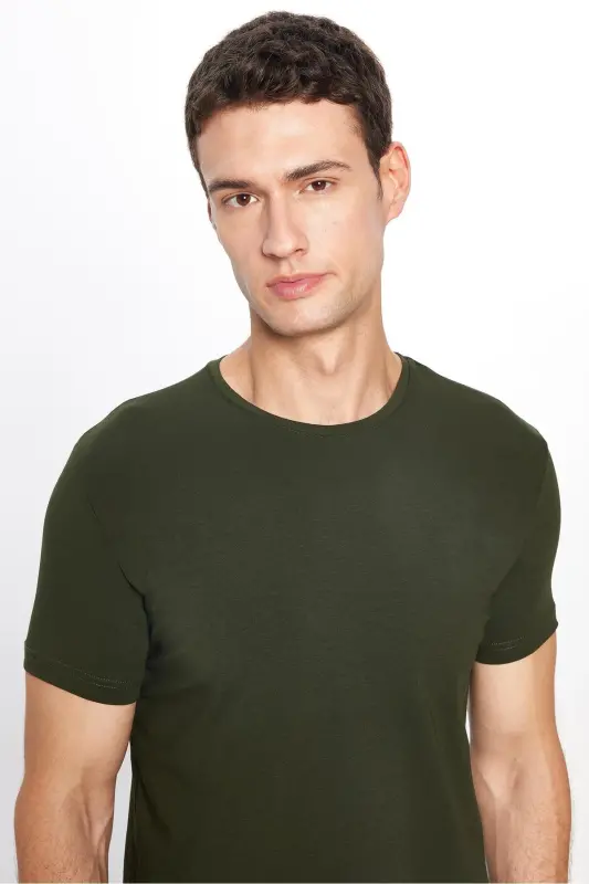 Erkek Slim Fit Dar Kesim Pamuklu Yumuşak Doku Likralı Esnek Kumaş Basic Haki Bisiklet Yaka Tişört - Haki - 2