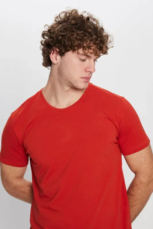 Erkek Slim Fit Dar Kesim Pamuklu Yumuşak Doku Likralı Esnek Kumaş Basic Kiremit Bisiklet Yaka Tişört-Kiremit - 2
