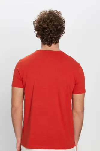 Erkek Slim Fit Dar Kesim Pamuklu Yumuşak Doku Likralı Esnek Kumaş Basic Kiremit Bisiklet Yaka Tişört-Kiremit - 5