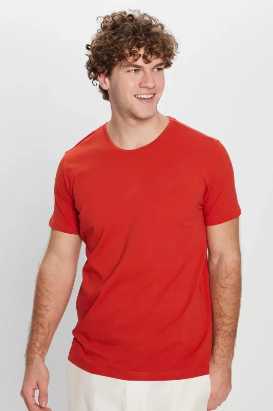 Erkek Slim Fit Dar Kesim Pamuklu Yumuşak Doku Likralı Esnek Kumaş Basic Kiremit Bisiklet Yaka Tişört-Kiremit - 1