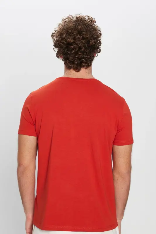 Erkek Slim Fit Dar Kesim Pamuklu Yumuşak Doku Likralı Esnek Kumaş Basic Kiremit Bisiklet Yaka Tişört - Kiremit - 5