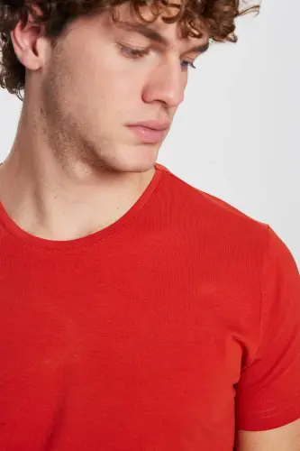 Erkek Slim Fit Dar Kesim Pamuklu Yumuşak Doku Likralı Esnek Kumaş Basic Kiremit Bisiklet Yaka Tişört-Kiremit - 3