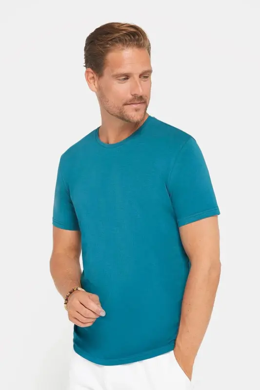 Erkek Slim Fit Dar Kesim Pamuklu Yumuşak Doku Likralı Esnek Kumaş Basic Petrol Bisiklet Yaka Tişört-Petrol - 1