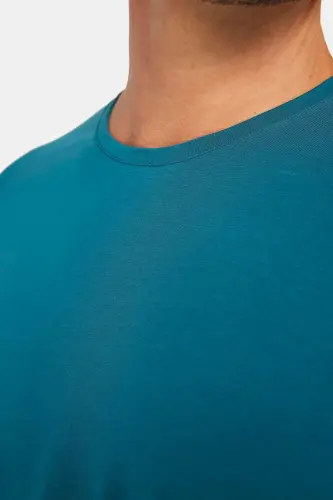 Erkek Slim Fit Dar Kesim Pamuklu Yumuşak Doku Likralı Esnek Kumaş Basic Petrol Bisiklet Yaka Tişört-Petrol - 3