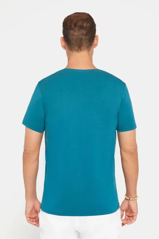 Erkek Slim Fit Dar Kesim Pamuklu Yumuşak Doku Likralı Esnek Kumaş Basic Petrol Bisiklet Yaka Tişört-Petrol - 5