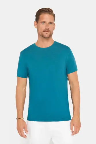 Erkek Slim Fit Dar Kesim Pamuklu Yumuşak Doku Likralı Esnek Kumaş Basic Petrol Bisiklet Yaka Tişört - Petrol - 4