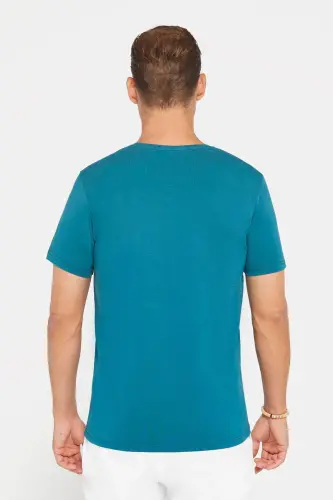 Erkek Slim Fit Dar Kesim Pamuklu Yumuşak Doku Likralı Esnek Kumaş Basic Petrol Bisiklet Yaka Tişört - Petrol - 5