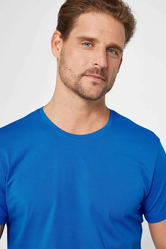 Erkek Slim Fit Dar Kesim Pamuklu Yumuşak Doku Likralı Esnek Kumaş Basic Turkuaz Bisiklet Yaka Tişört-Turkuaz - 3