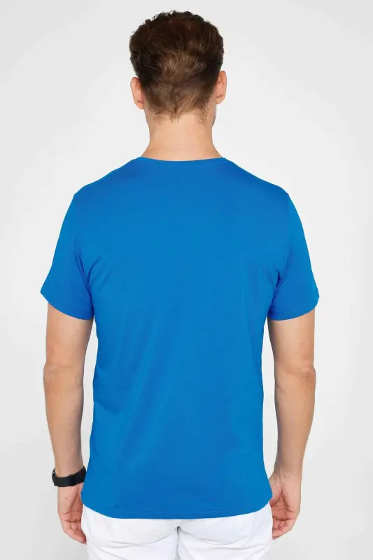 Erkek Slim Fit Dar Kesim Pamuklu Yumuşak Doku Likralı Esnek Kumaş Basic Turkuaz Bisiklet Yaka Tişört-Turkuaz - 5