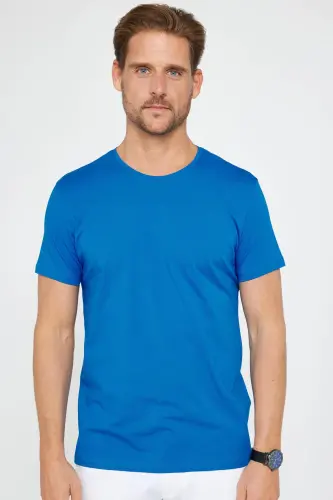 Erkek Slim Fit Dar Kesim Pamuklu Yumuşak Doku Likralı Esnek Kumaş Basic Turkuaz Bisiklet Yaka Tişört - Turkuaz 