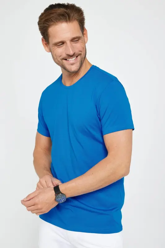 Erkek Slim Fit Dar Kesim Pamuklu Yumuşak Doku Likralı Esnek Kumaş Basic Turkuaz Bisiklet Yaka Tişört-Turkuaz - 2