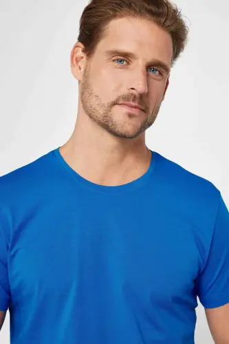 Erkek Slim Fit Dar Kesim Pamuklu Yumuşak Doku Likralı Esnek Kumaş Basic Turkuaz Bisiklet Yaka Tişört-Turkuaz - 3