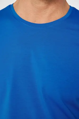 Erkek Slim Fit Dar Kesim Pamuklu Yumuşak Doku Likralı Esnek Kumaş Basic Turkuaz Bisiklet Yaka Tişört-Turkuaz - 4