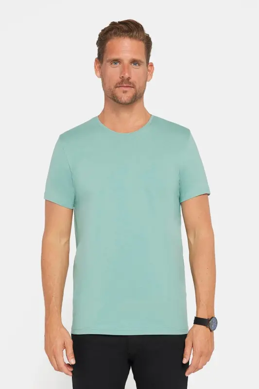 Erkek Slim Fit Dar Kesim Pamuklu Yumuşak Doku Likralı Esnek Kumaş Basic Yeşil Bisiklet Yaka Tişört-Yeşil - 2