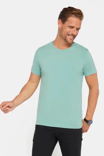 Erkek Slim Fit Dar Kesim Pamuklu Yumuşak Doku Likralı Esnek Kumaş Basic Yeşil Bisiklet Yaka Tişört - Yeşil 