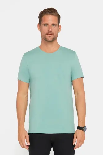 Erkek Slim Fit Dar Kesim Pamuklu Yumuşak Doku Likralı Esnek Kumaş Basic Yeşil Bisiklet Yaka Tişört - Yeşil - 2
