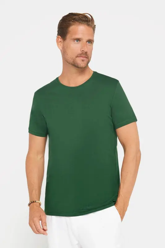 Erkek Slim Fit Dar Kesim Pamuklu Yumuşak Doku Likralı Esnek Kumaş Basic Yeşil Bisiklet Yaka Tişört - Yeşil1 - 1