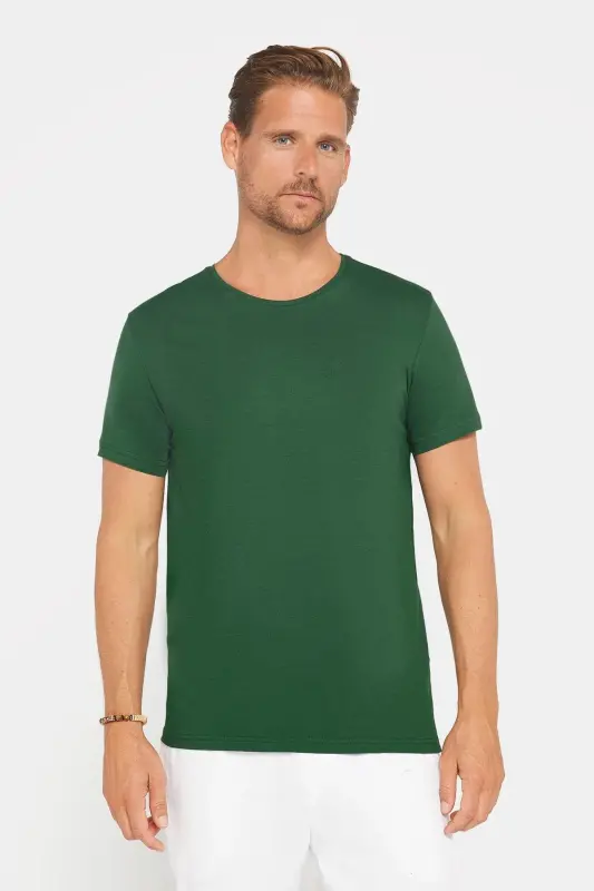 Erkek Slim Fit Dar Kesim Pamuklu Yumuşak Doku Likralı Esnek Kumaş Basic Yeşil Bisiklet Yaka Tişört - Yeşil1 - 2