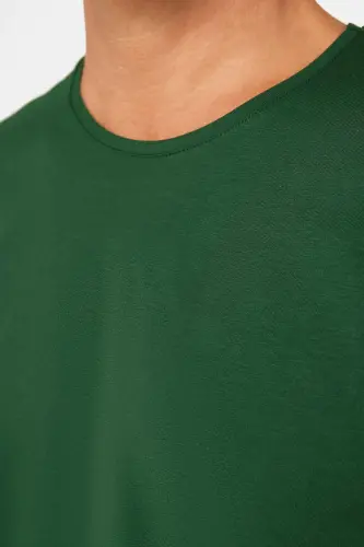 Erkek Slim Fit Dar Kesim Pamuklu Yumuşak Doku Likralı Esnek Kumaş Basic Yeşil Bisiklet Yaka Tişört - Yeşil1 - 4