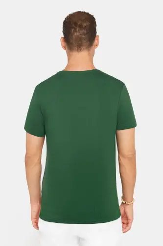 Erkek Slim Fit Dar Kesim Pamuklu Yumuşak Doku Likralı Esnek Kumaş Basic Yeşil Bisiklet Yaka Tişört - Yeşil1 - 5