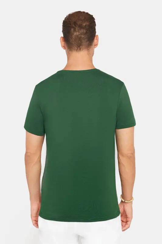Erkek Slim Fit Dar Kesim Pamuklu Yumuşak Doku Likralı Esnek Kumaş Basic Yeşil Bisiklet Yaka Tişört - Yeşil1 - 5