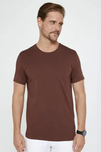 Erkek Slim Fit Dar Kesim Pamuklu Yumuşak Dokulu Esnek Kumaş Düz Basic Kahverengi Bisiklet Yaka Tişör - Kahverengi - 3