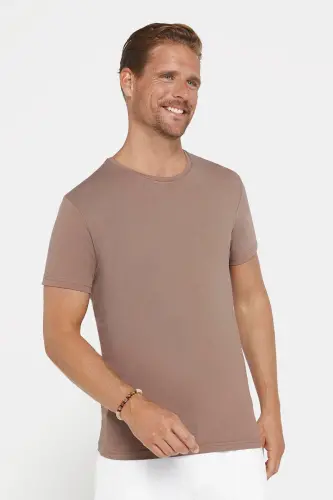 Erkek Slim Fit Dar Kesim Pamuklu Yumuşak Dokulu Esnek Kumaş Düz Basic Kahverengi Bisiklet Yaka Tişör-Kahverengi1 - 1