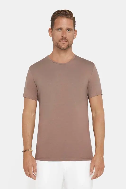 Erkek Slim Fit Dar Kesim Pamuklu Yumuşak Dokulu Esnek Kumaş Düz Basic Kahverengi Bisiklet Yaka Tişör-Kahverengi1 - 2