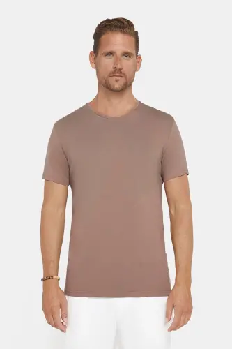 Erkek Slim Fit Dar Kesim Pamuklu Yumuşak Dokulu Esnek Kumaş Düz Basic Kahverengi Bisiklet Yaka Tişör - Kahverengi1 - 2
