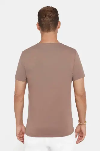 Erkek Slim Fit Dar Kesim Pamuklu Yumuşak Dokulu Esnek Kumaş Düz Basic Kahverengi Bisiklet Yaka Tişör - Kahverengi1 - 5