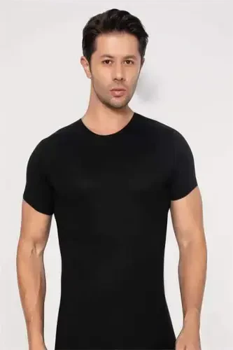 Erkek Slim Fit Dar Kesim Pamuklu Yumuşak Dokulu Siyah Bisiklet Yaka Basic Tişört - 2