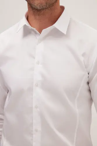 Erkek Slim Fit Dar Kesim Uzun Kollu %100 Pamuk Premium Seri Beyaz Gömlek - Beyaz - 3