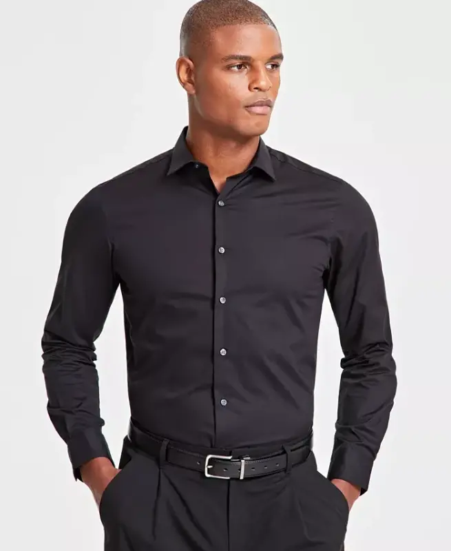 Men's Slim-Fit Solid Dress Shirt, Created for Modazone - Deep Black - 1