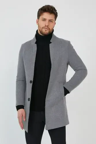 Erkek Füme Slim Fit Dik Yaka Kaşe Kaban-Füme - 1