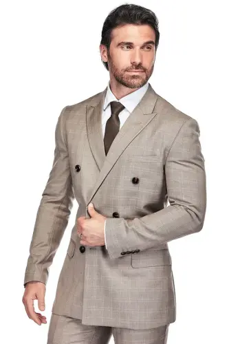 Erkek Slim Fit Kahverengi Kareli Çift Göğüslü Takım Elbise - Açık Kahverengi - GINO VITALE (1)