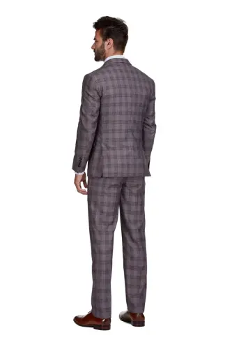Men's 3-Piece Slim Fit Check Suit - Light brown - 2