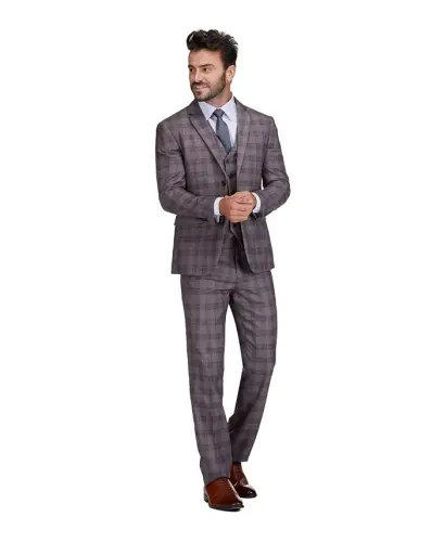 Men's 3-Piece Slim Fit Check Suit - Light brown - 3