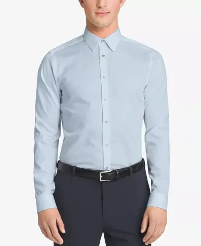 Men's Slim-Fit Non-Iron Herringbone Dress Shirt - Blue - 1