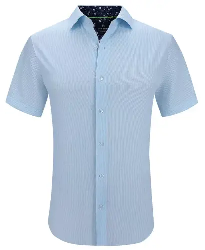 Men's Slim Fit Short Sleeve Performance Stretch Button Down Dress Shirt - Light Blue Dots - 1