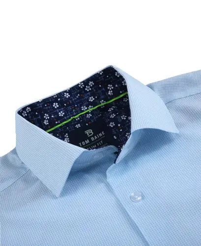 Men's Slim Fit Short Sleeve Performance Stretch Button Down Dress Shirt - Light Blue Dots - TOM BAINE (1)