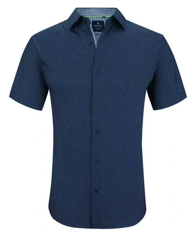 Men's Slim Fit Short Sleeve Performance Stretch Button Down Dress Shirt - Navy Dot - TOM BAINE