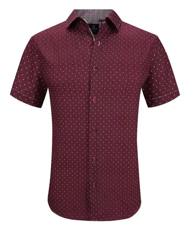 Men's Slim Fit Short Sleeve Performance Stretch Button Down Dress Shirt - Burgundy Dot - 1