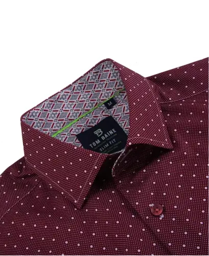 Erkek Slim Fit Kısa Kollu Performans Streç Düğmeli Giyim Gömleği - Bordo Noktalı - TOM BAINE (1)