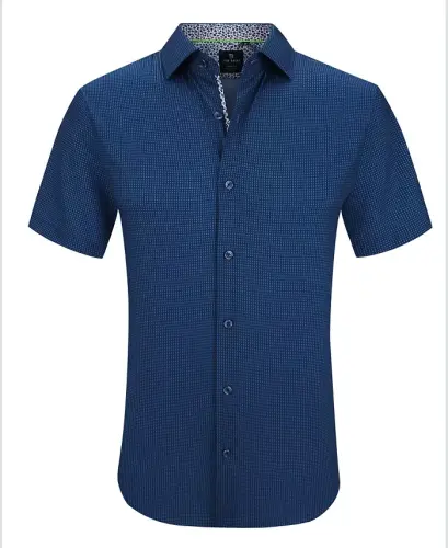 Men's Slim Fit Short Sleeve Performance Stretch Button Down Dress Shirt - Navy Dots 